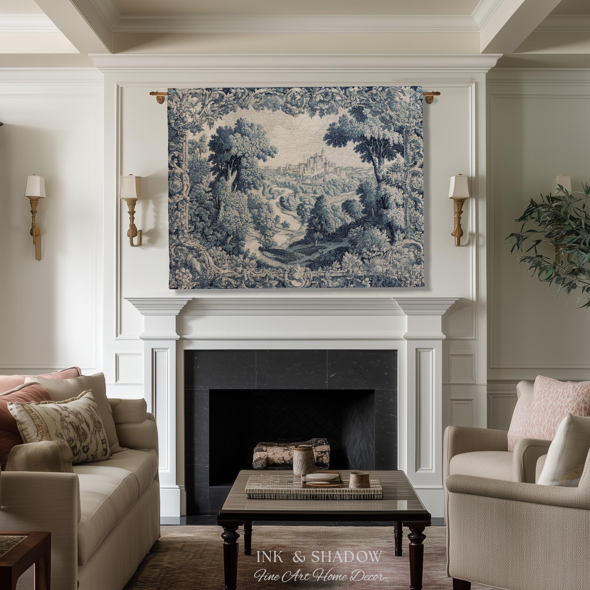 Toile Landscape Pastoral Wall Art | Countryside Wall Hanging French Blue and Cream Traditional Tapestry Romantic Chateau Blanket Monochrome