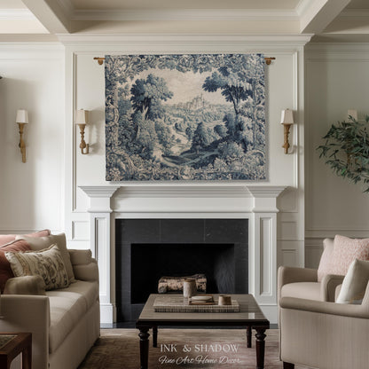 Toile Landscape Pastoral Wall Art | Countryside Wall Hanging French Blue and Cream Traditional Tapestry Romantic Chateau Blanket Monochrome