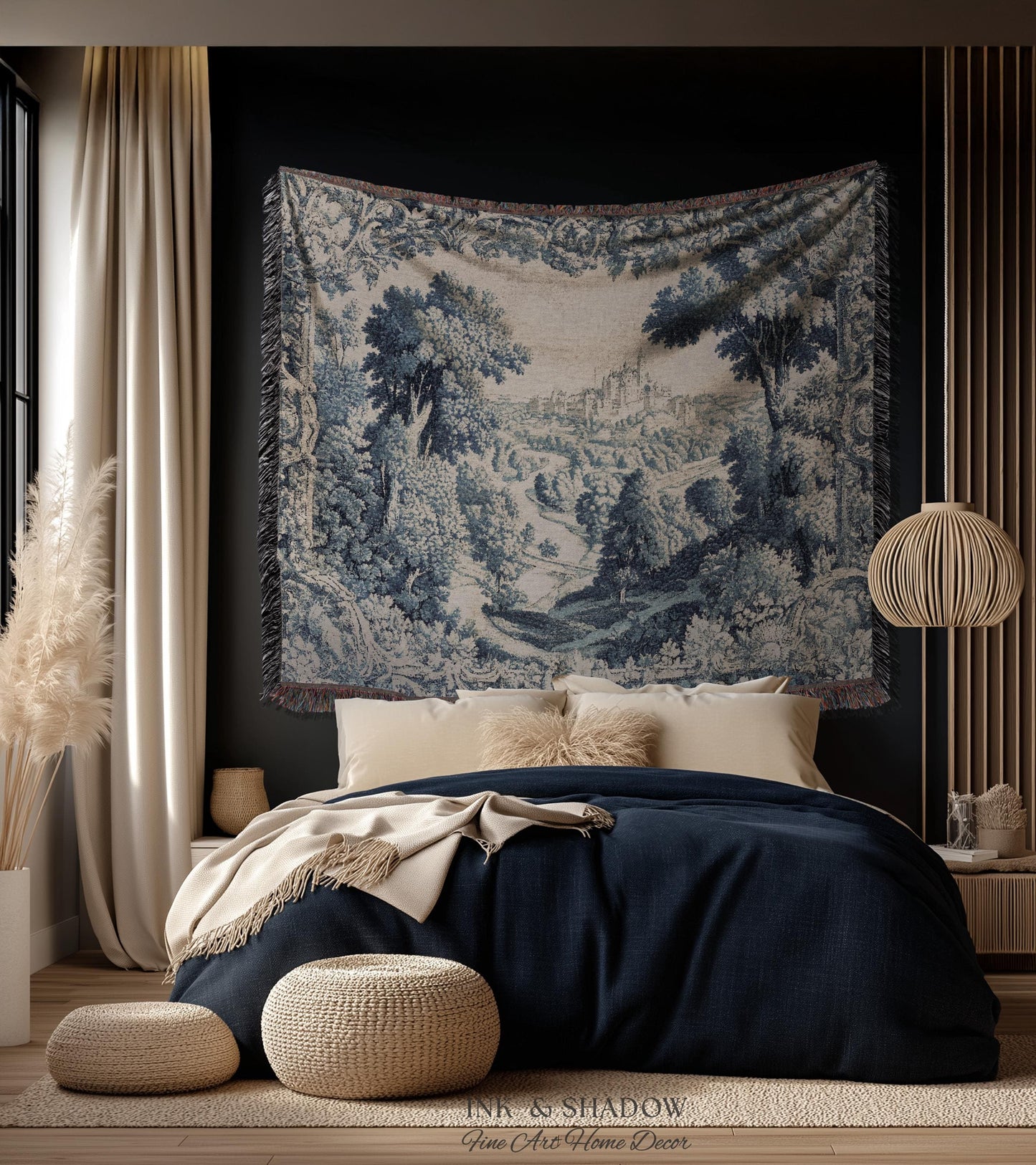 Toile Landscape Pastoral Wall Art | Countryside Wall Hanging French Blue and Cream Traditional Tapestry Romantic Chateau Blanket Monochrome