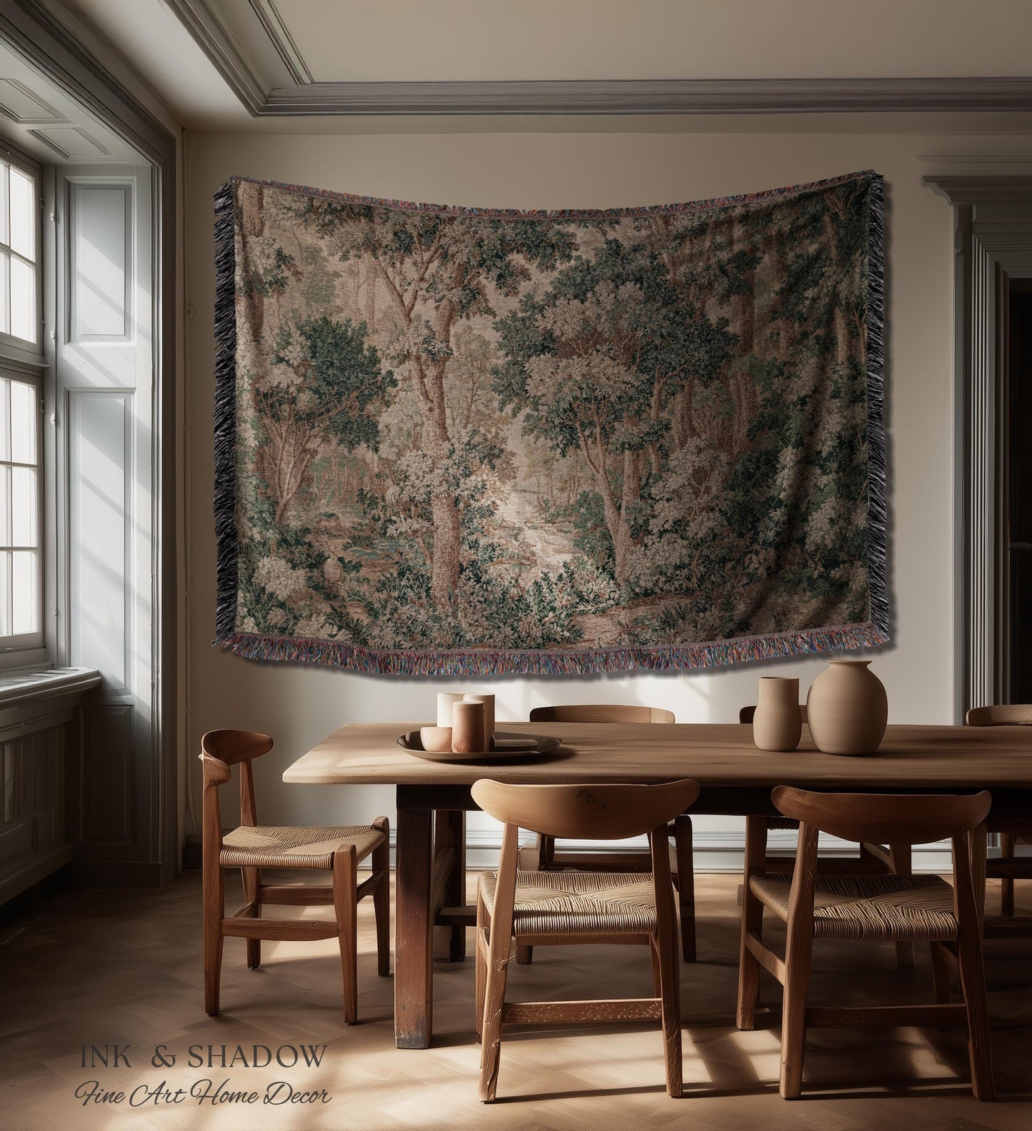 Pastoral Woodland Scene Forest Wall Hanging Jacquard Tapestry, European Verdure French Country Style Romantic Landscape Woven Throw Blanket