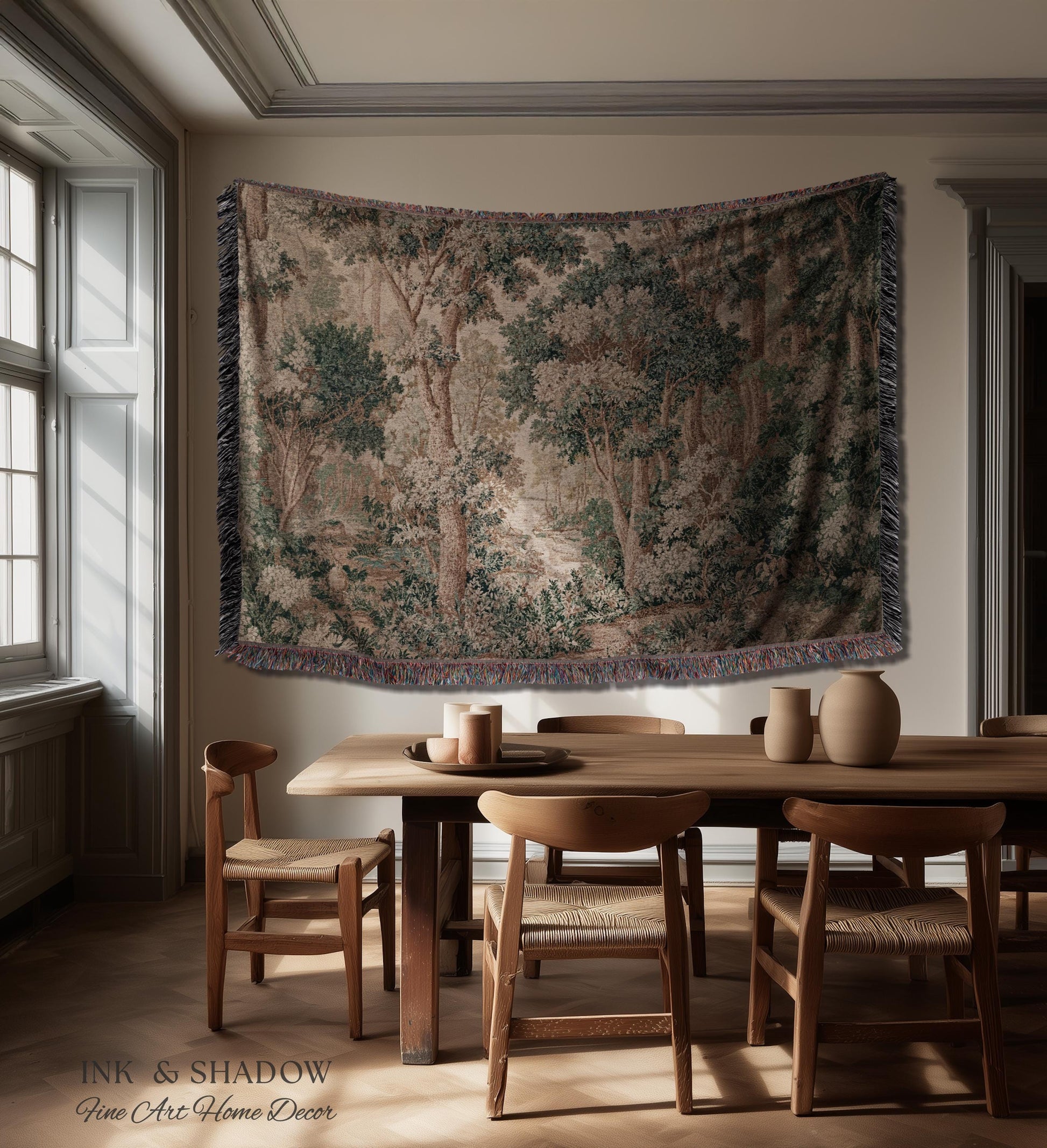 Pastoral Woodland Scene Forest Wall Hanging Jacquard Tapestry, European Verdure French Country Style Romantic Landscape Woven Throw Blanket
