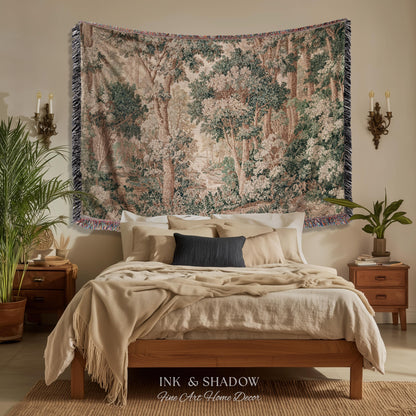 Pastoral Woodland Scene Forest Wall Hanging Jacquard Tapestry, European Verdure French Country Style Romantic Landscape Woven Throw Blanket