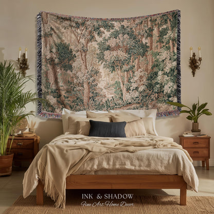Pastoral Woodland Scene Forest Wall Hanging Jacquard Tapestry, European Verdure French Country Style Romantic Landscape Woven Throw Blanket