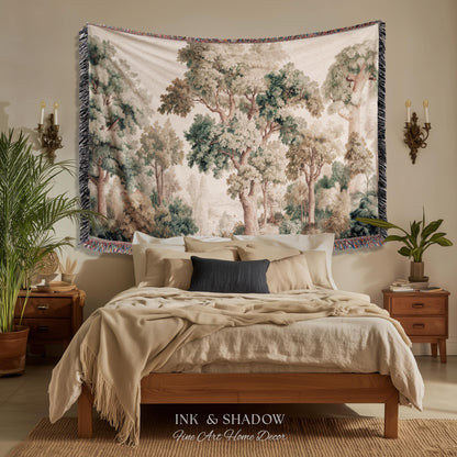 Misty Forest Verdure Tapestry Woven Wall Art | Painterly Tree Scene Classic European Throw Blanket French Country Woodland Interior Accent