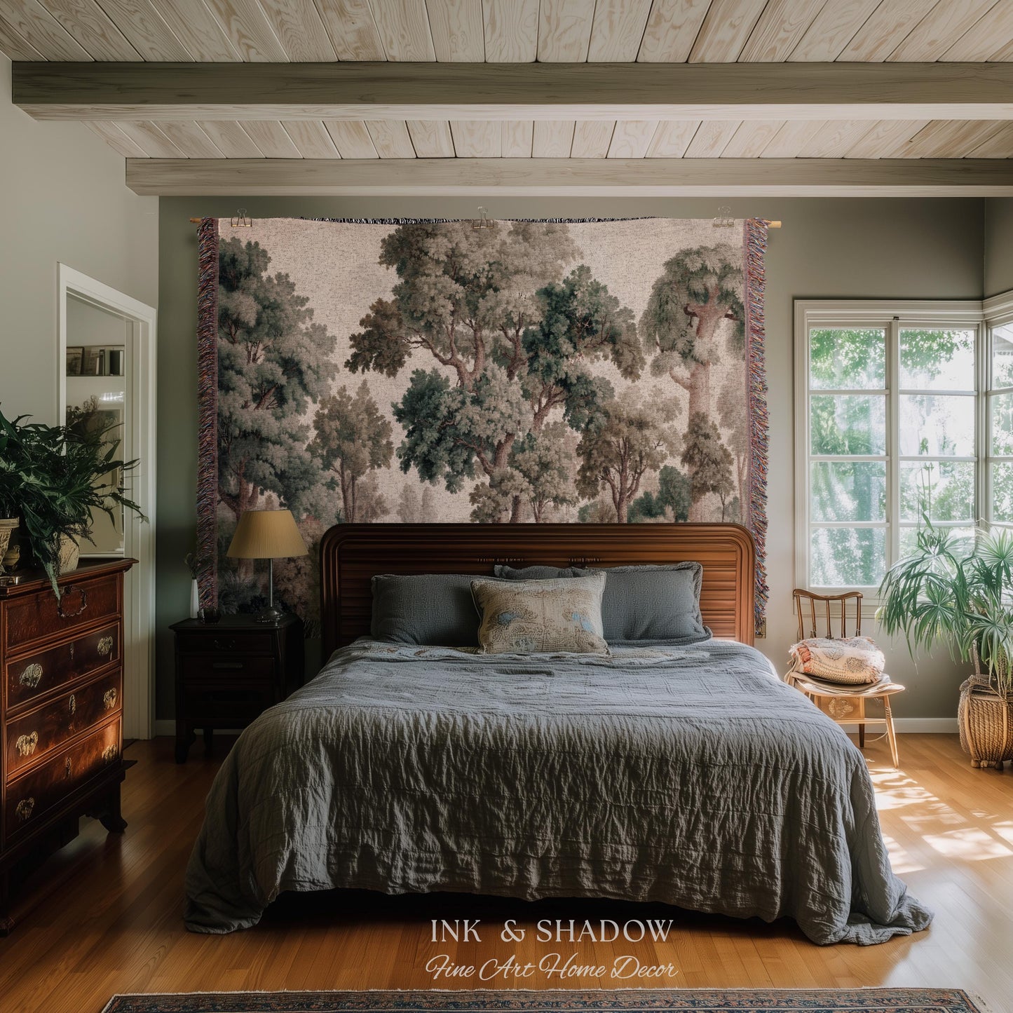 Misty Forest Verdure Tapestry Woven Wall Art | Painterly Tree Scene Classic European Throw Blanket French Country Woodland Interior Accent