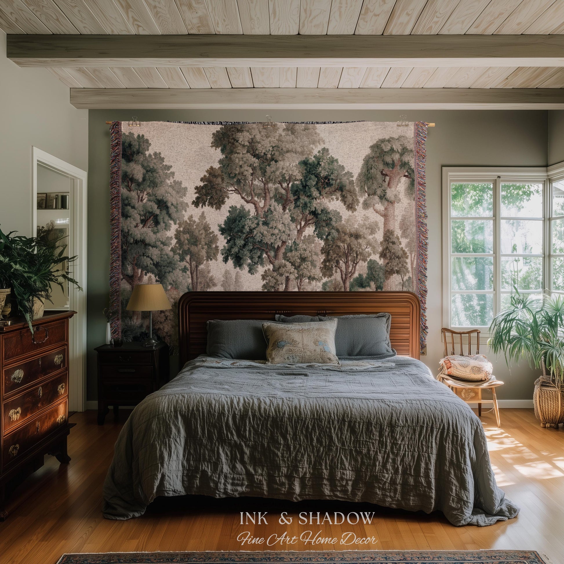 Misty Forest Verdure Tapestry Woven Wall Art | Painterly Tree Scene Classic European Throw Blanket French Country Woodland Interior Accent