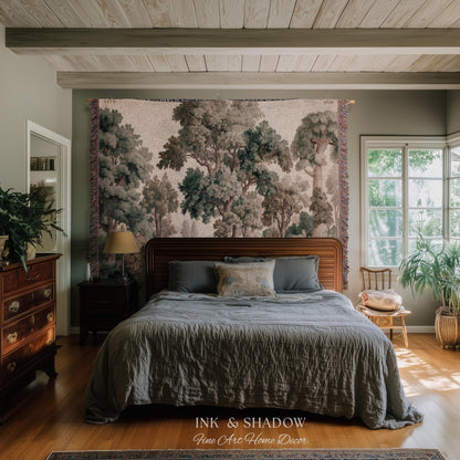 Misty Forest Verdure Tapestry Woven Wall Art | Painterly Tree Scene Classic European Throw Blanket French Country Woodland Interior Accent