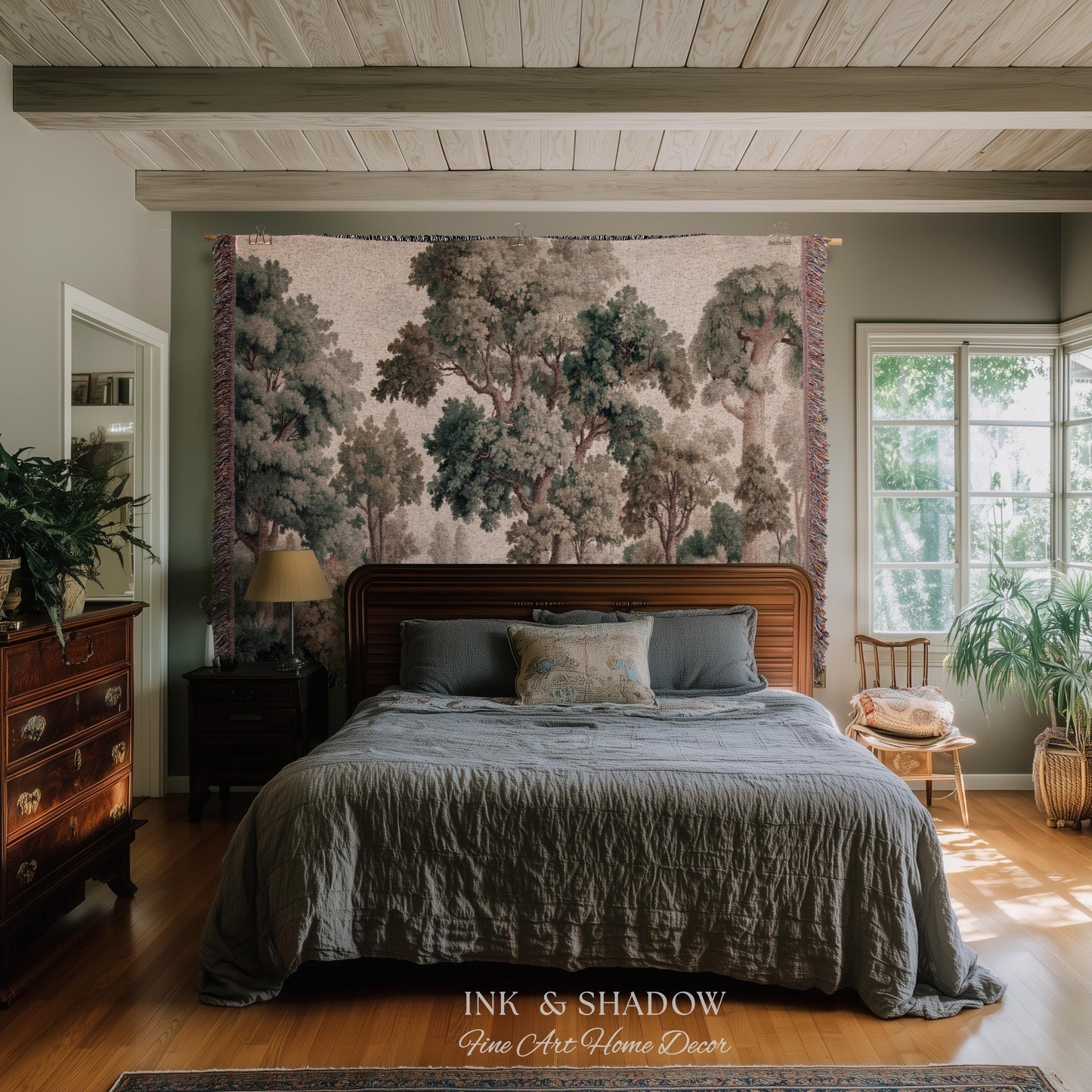 Misty Forest Verdure Tapestry Woven Wall Art | Painterly Tree Scene Classic European Throw Blanket French Country Woodland Interior Accent