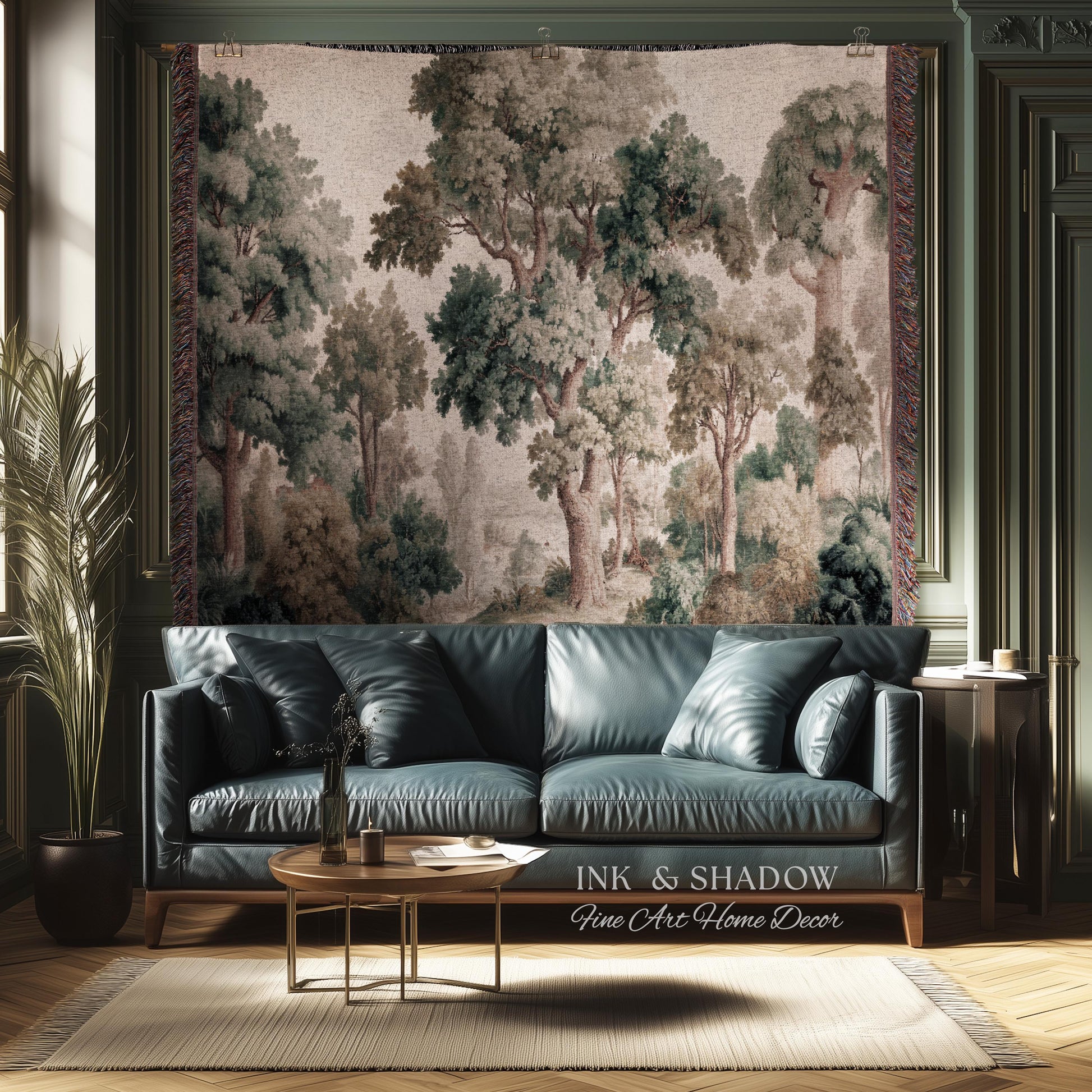 Misty Forest Verdure Tapestry Woven Wall Art | Painterly Tree Scene Classic European Throw Blanket French Country Woodland Interior Accent