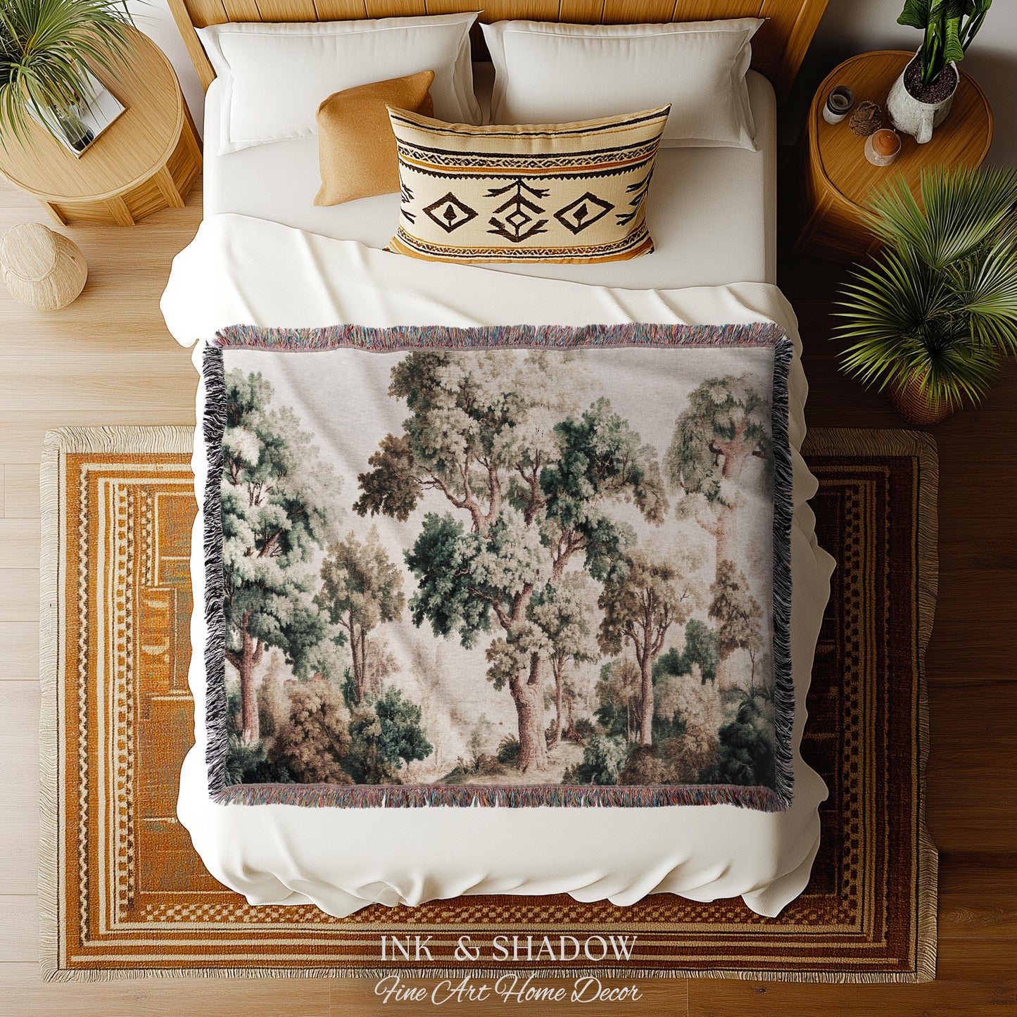 Misty Forest Verdure Tapestry Woven Wall Art | Painterly Tree Scene Classic European Throw Blanket French Country Woodland Interior Accent