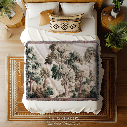 Misty Forest Verdure Tapestry Woven Wall Art | Painterly Tree Scene Classic European Throw Blanket French Country Woodland Interior Accent
