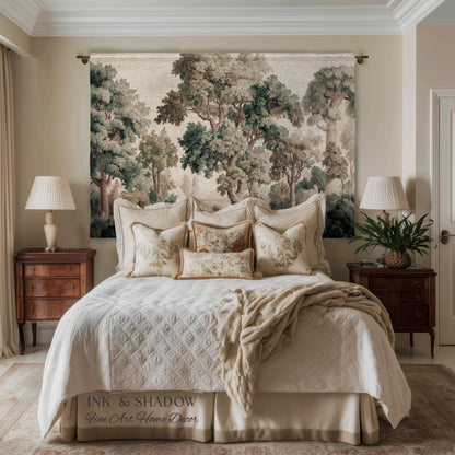 Misty Forest Verdure Tapestry Woven Wall Art | Painterly Tree Scene Classic European Throw Blanket French Country Woodland Interior Accent
