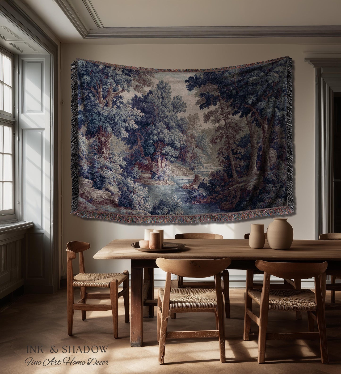 Cozy Jacquard Woven Indigo Verdure Tapestry | Museum Wall Art Early Decorative Textile Romantic Rococo Landscape Forest Timeless French Home