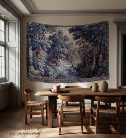 Cozy Jacquard Woven Indigo Verdure Tapestry | Museum Wall Art Early Decorative Textile Romantic Rococo Landscape Forest Timeless French Home
