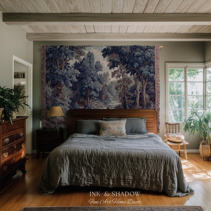 Cozy Jacquard Woven Indigo Verdure Tapestry | Museum Wall Art Early Decorative Textile Romantic Rococo Landscape Forest Timeless French Home