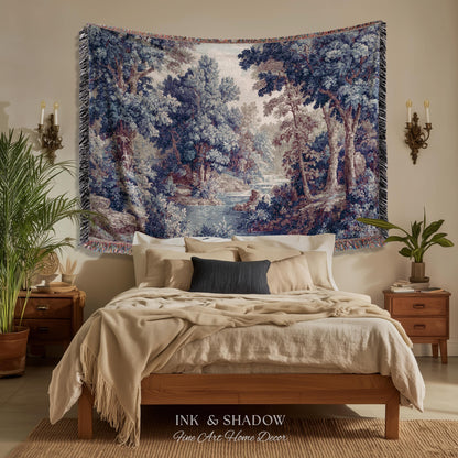 Cozy Jacquard Woven Indigo Verdure Tapestry | Museum Wall Art Early Decorative Textile Romantic Rococo Landscape Forest Timeless French Home