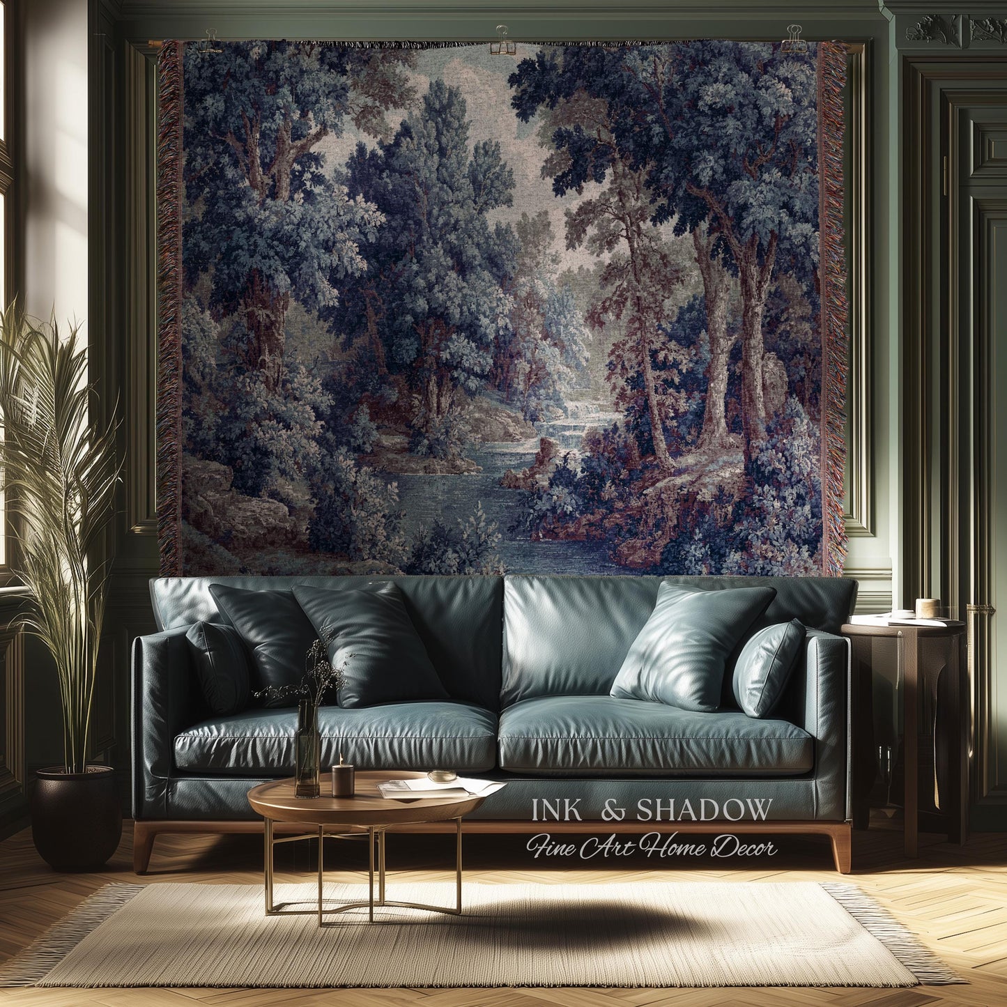 Cozy Jacquard Woven Indigo Verdure Tapestry | Museum Wall Art Early Decorative Textile Romantic Rococo Landscape Forest Timeless French Home