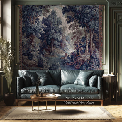 Cozy Jacquard Woven Indigo Verdure Tapestry | Museum Wall Art Early Decorative Textile Romantic Rococo Landscape Forest Timeless French Home