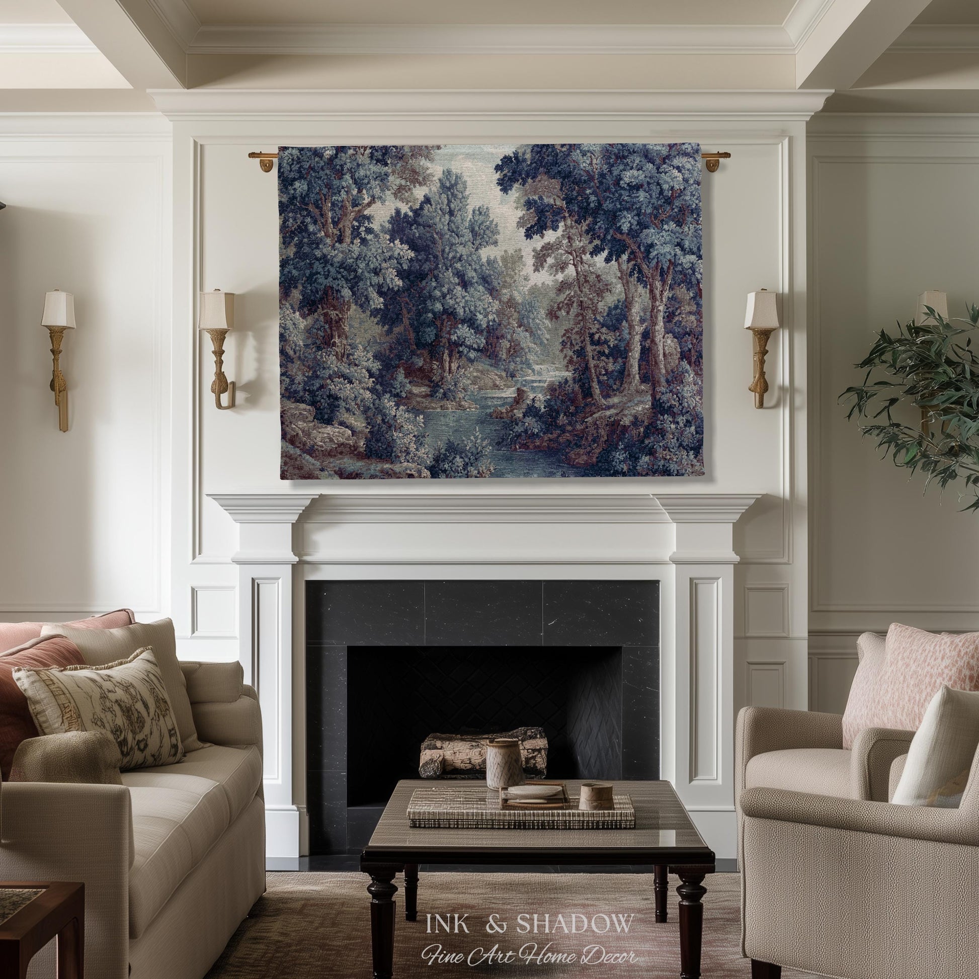 Cozy Jacquard Woven Indigo Verdure Tapestry | Museum Wall Art Early Decorative Textile Romantic Rococo Landscape Forest Timeless French Home