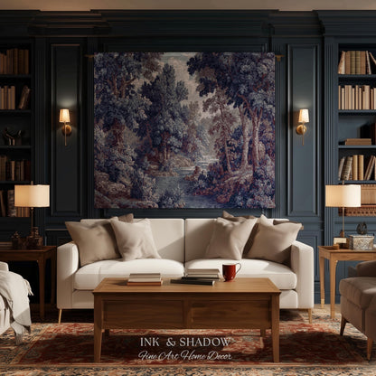 Cozy Jacquard Woven Indigo Verdure Tapestry | Museum Wall Art Early Decorative Textile Romantic Rococo Landscape Forest Timeless French Home