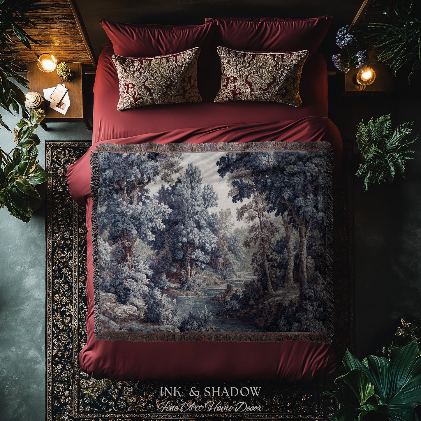 Cozy Jacquard Woven Indigo Verdure Tapestry | Museum Wall Art Early Decorative Textile Romantic Rococo Landscape Forest Timeless French Home