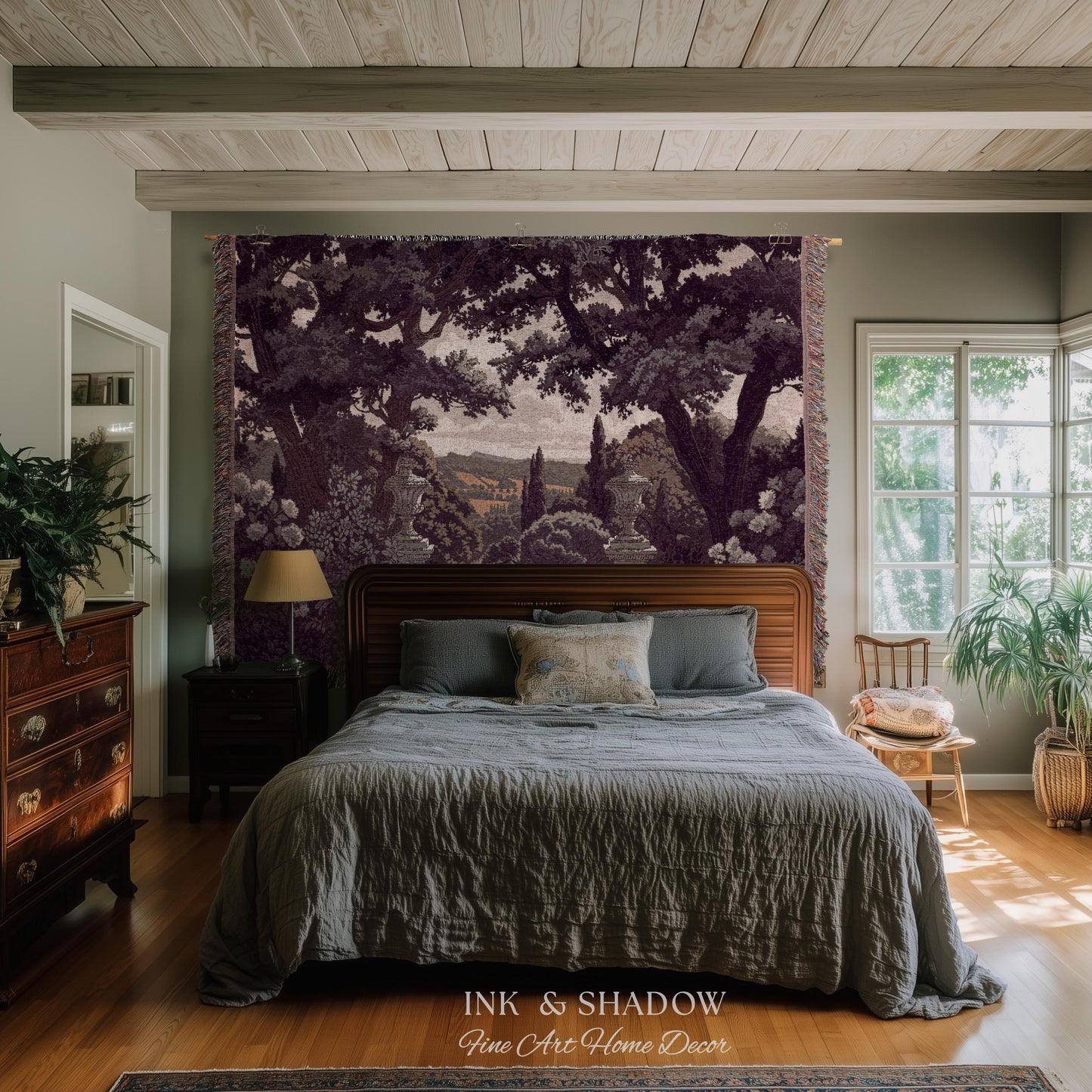 Dark Italian Garden Formal Woven Wall Art | Traditional Victorian Tapestry European Estate Jacquard Throw Blanket Neoclassical Home Romantic