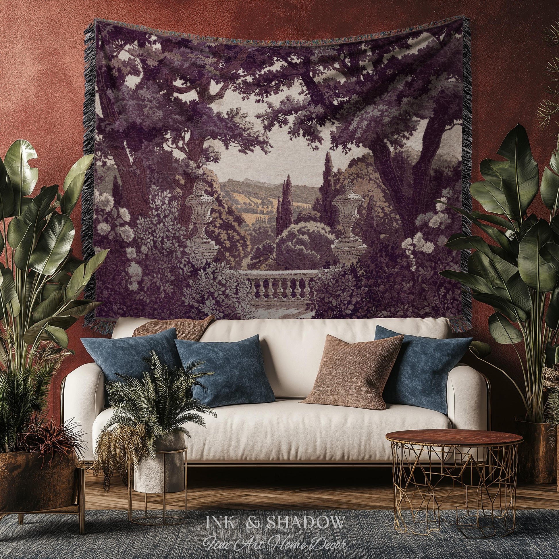 Dark Italian Garden Formal Woven Wall Art | Traditional Victorian Tapestry European Estate Jacquard Throw Blanket Neoclassical Home Romantic