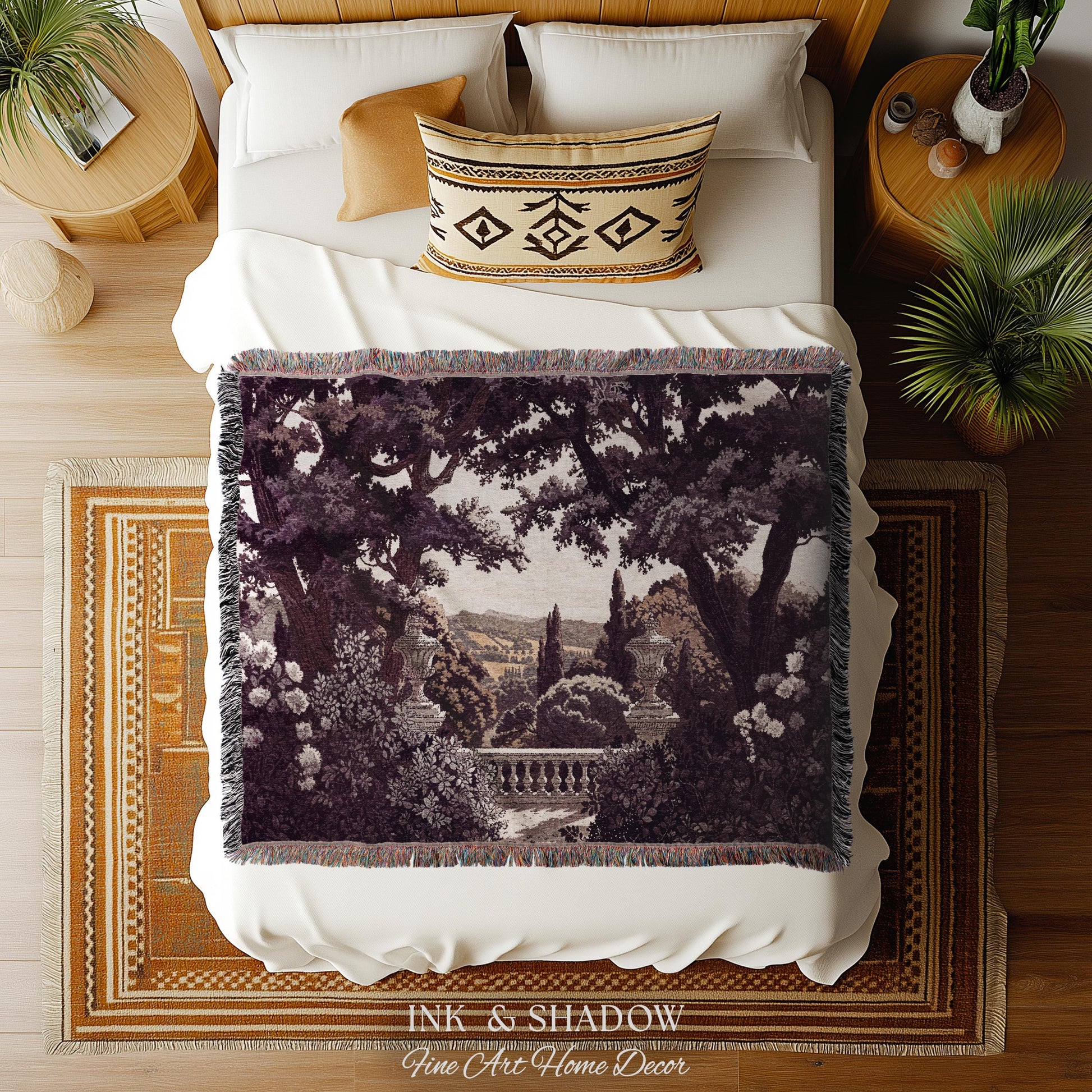 Dark Italian Garden Formal Woven Wall Art | Traditional Victorian Tapestry European Estate Jacquard Throw Blanket Neoclassical Home Romantic