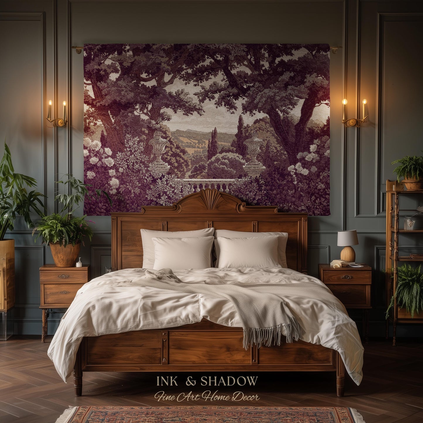 Dark Italian Garden Formal Woven Wall Art | Traditional Victorian Tapestry European Estate Jacquard Throw Blanket Neoclassical Home Romantic