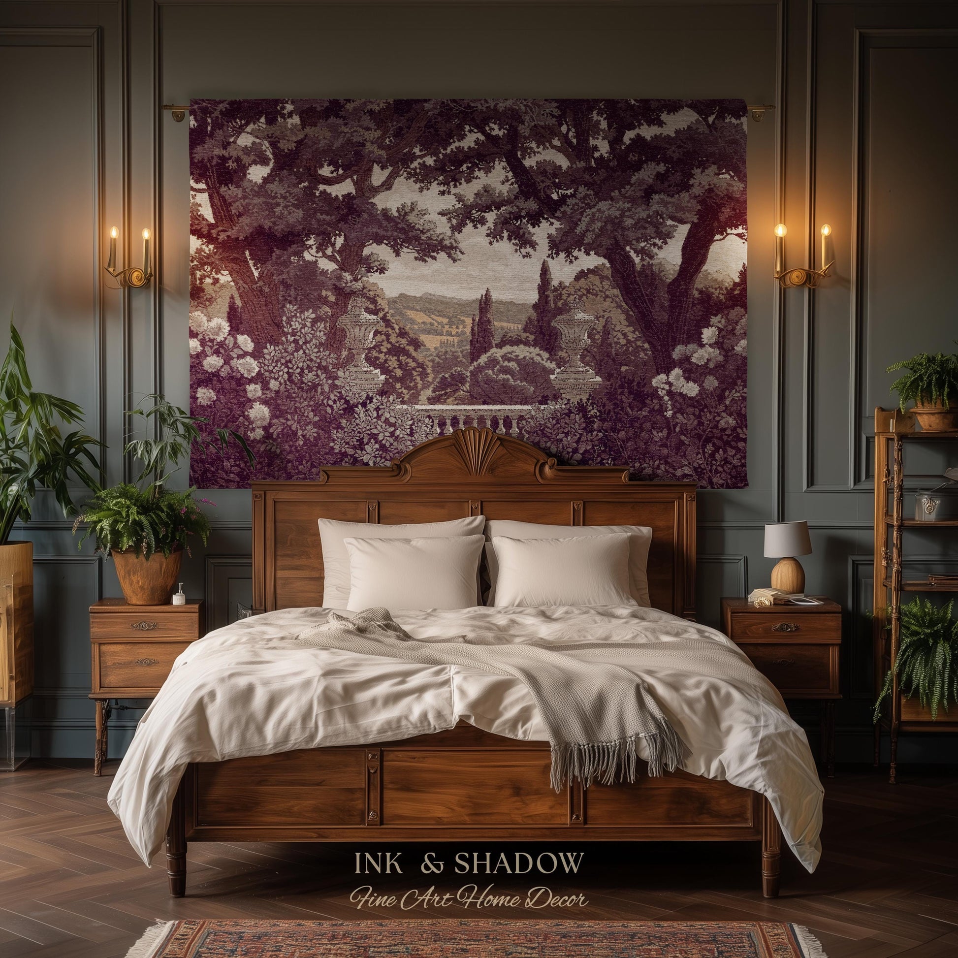 Dark Italian Garden Formal Woven Wall Art | Traditional Victorian Tapestry European Estate Jacquard Throw Blanket Neoclassical Home Romantic
