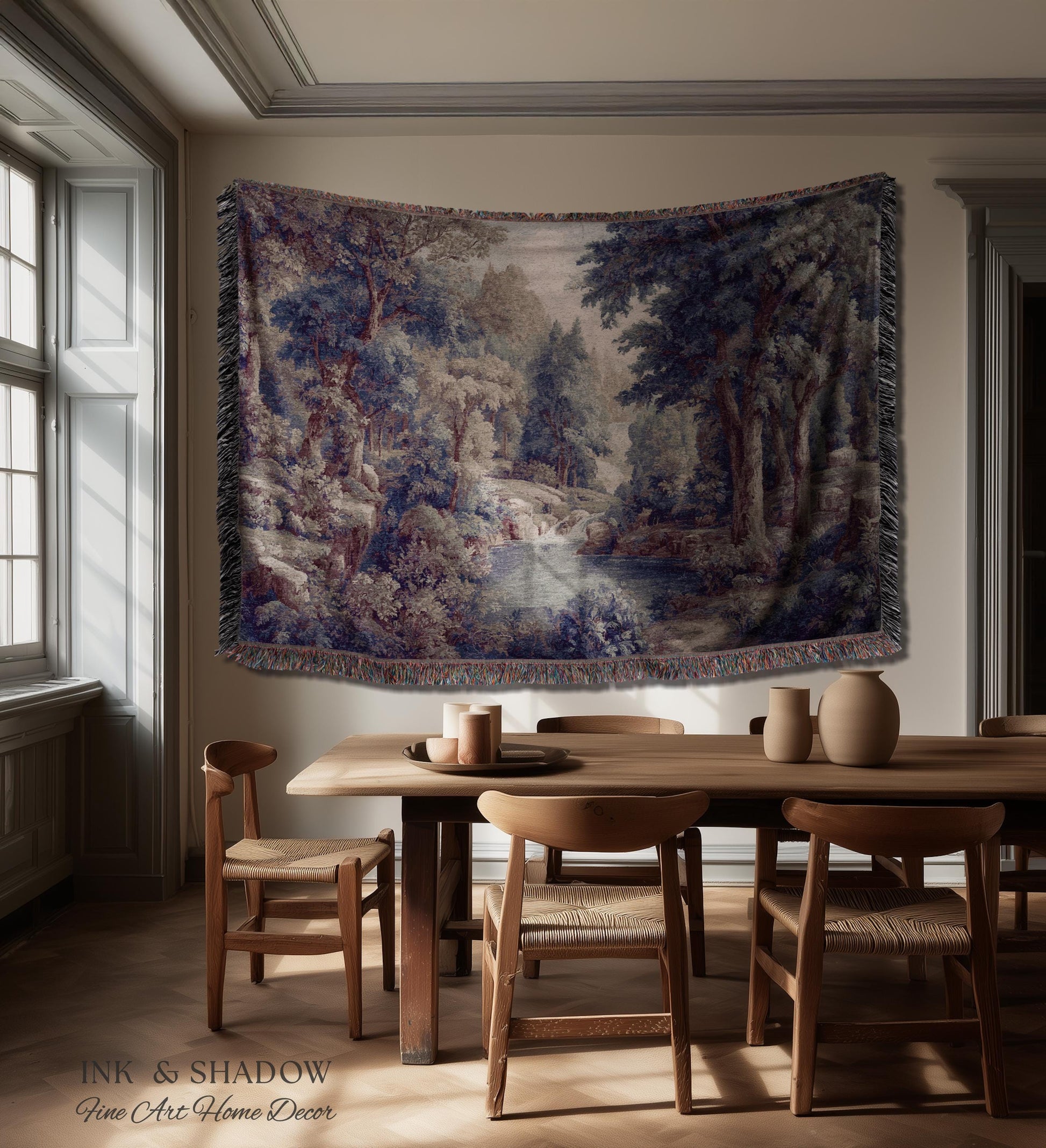 Cool Tone Storybook Landscape Tapestry | Woodland Clearing European Verdure Jacquard Woven Throw Blanket Rustic Botanical Elegance Wall Art
