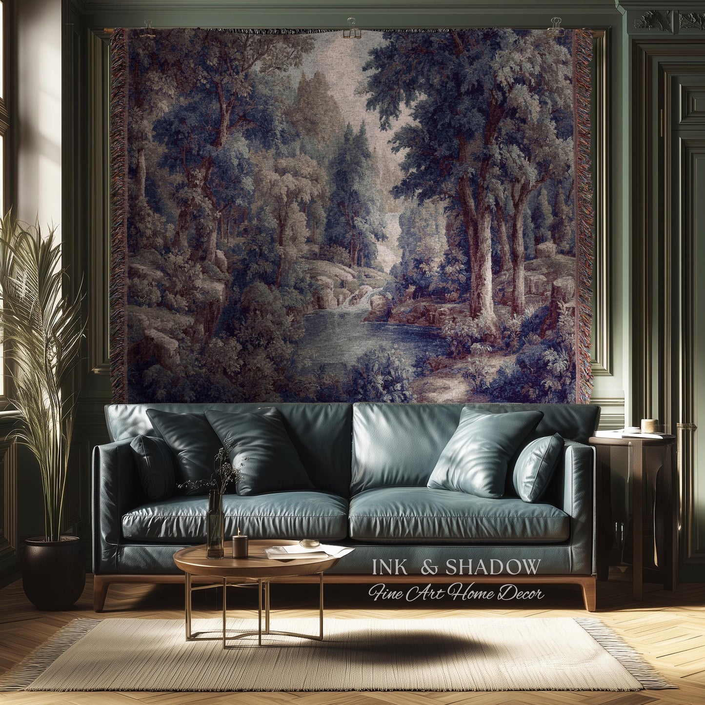 Cool Tone Storybook Landscape Tapestry | Woodland Clearing European Verdure Jacquard Woven Throw Blanket Rustic Botanical Elegance Wall Art
