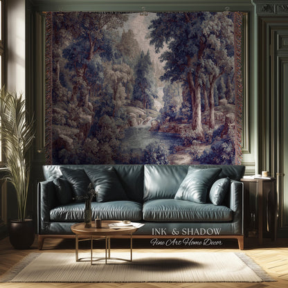 Cool Tone Storybook Landscape Tapestry | Woodland Clearing European Verdure Jacquard Woven Throw Blanket Rustic Botanical Elegance Wall Art