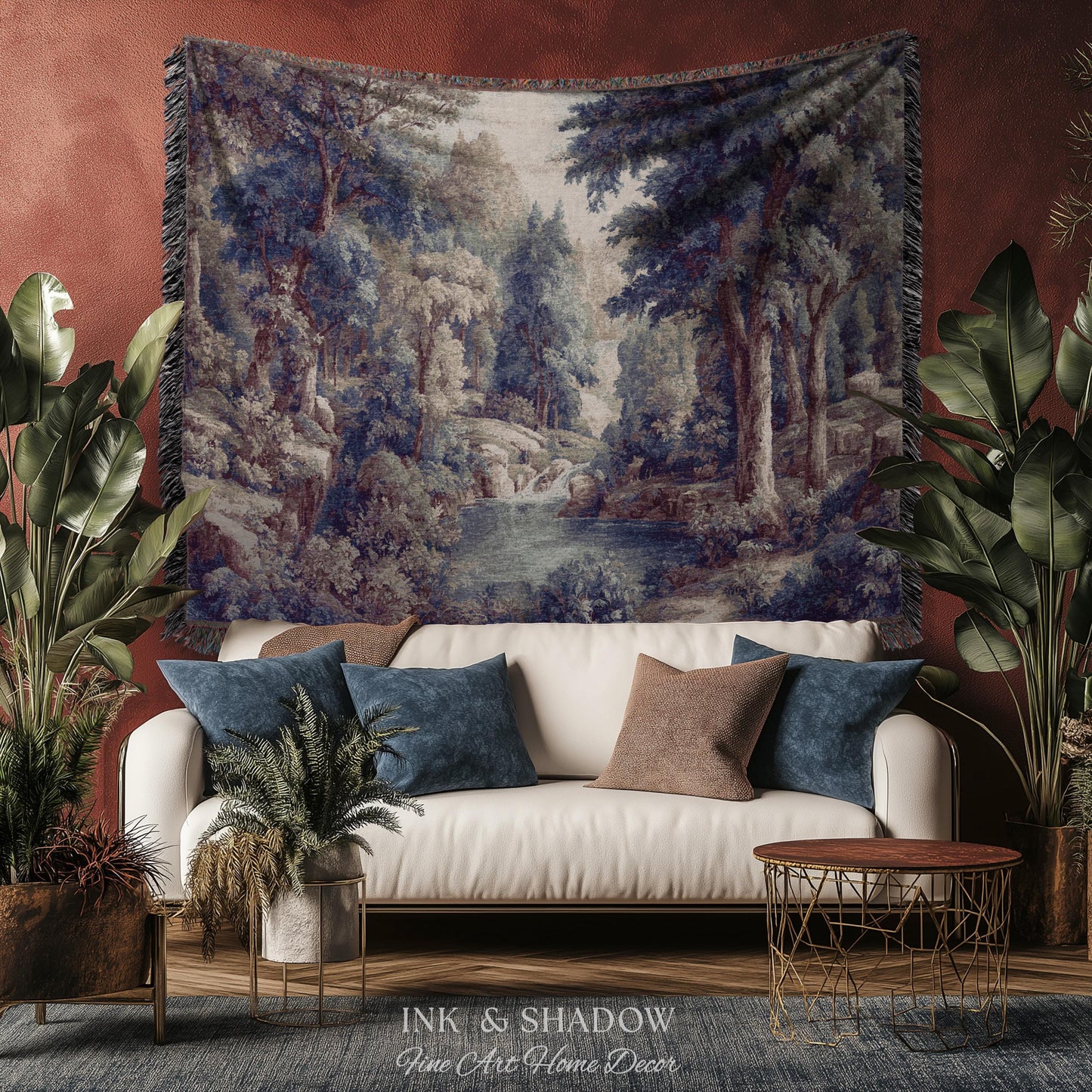 Cool Tone Storybook Landscape Tapestry | Woodland Clearing European Verdure Jacquard Woven Throw Blanket Rustic Botanical Elegance Wall Art