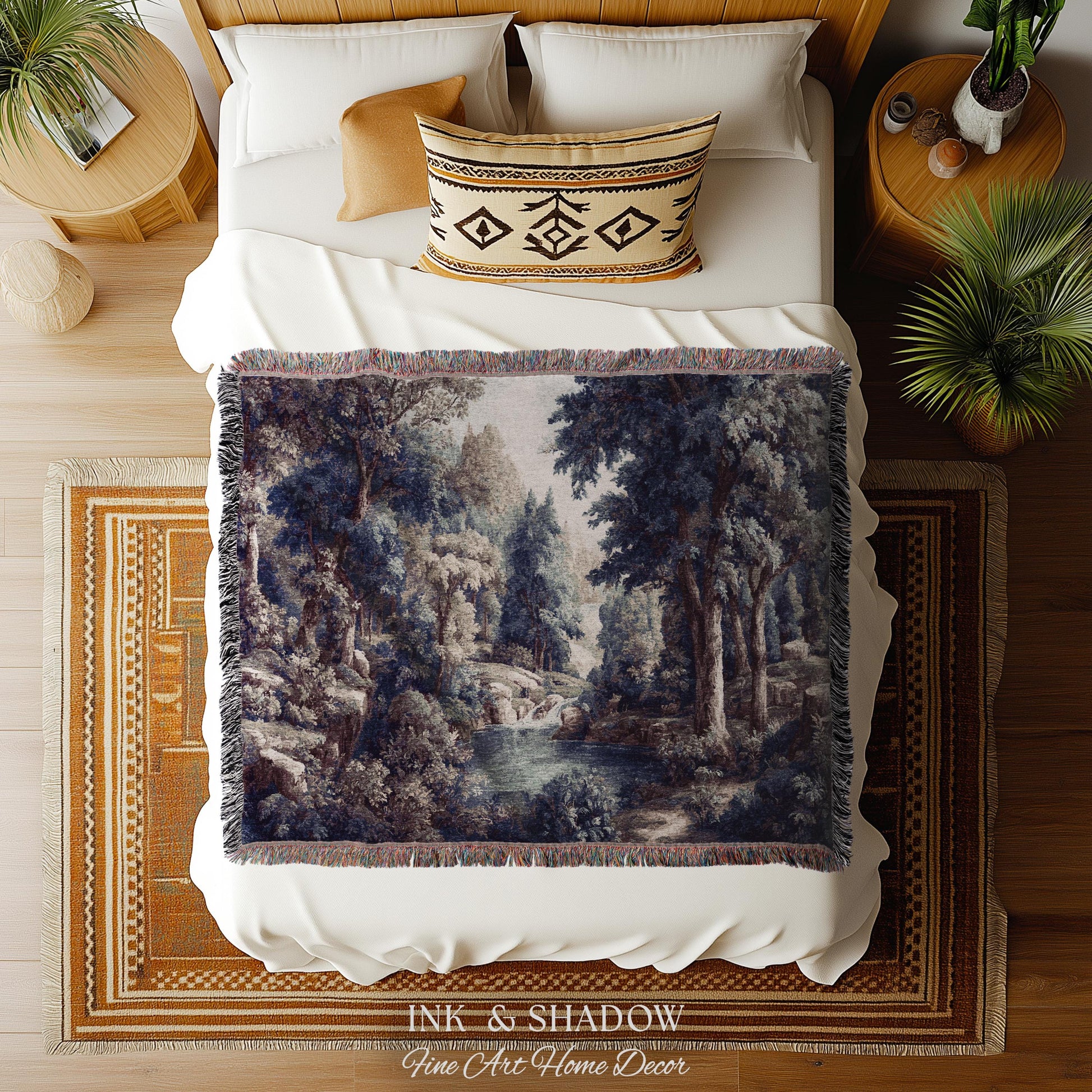Cool Tone Storybook Landscape Tapestry | Woodland Clearing European Verdure Jacquard Woven Throw Blanket Rustic Botanical Elegance Wall Art