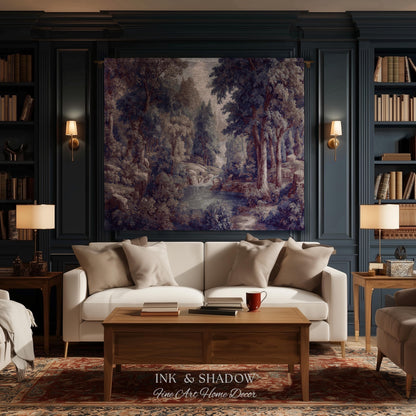 Cool Tone Storybook Landscape Tapestry | Woodland Clearing European Verdure Jacquard Woven Throw Blanket Rustic Botanical Elegance Wall Art