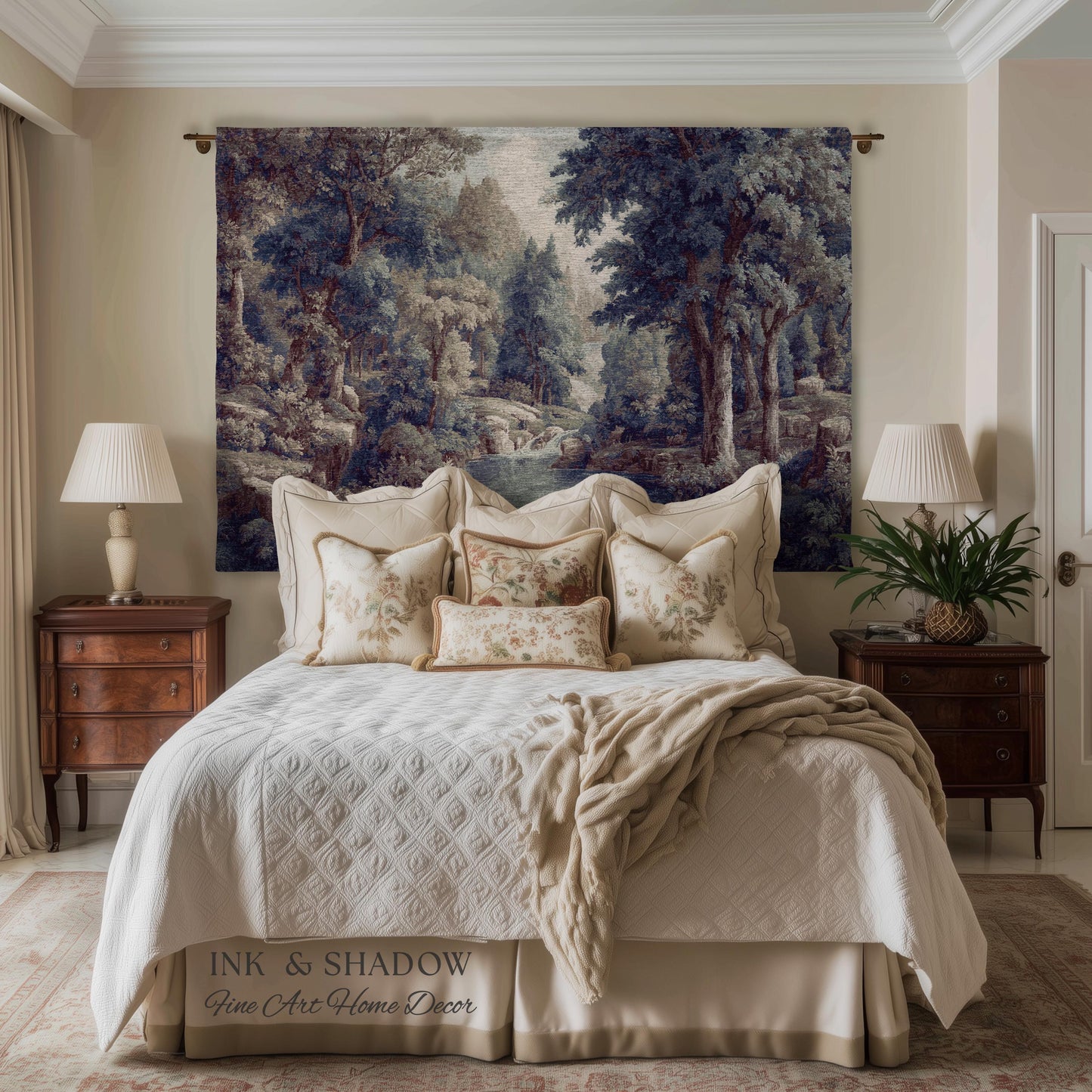 Cool Tone Storybook Landscape Tapestry | Woodland Clearing European Verdure Jacquard Woven Throw Blanket Rustic Botanical Elegance Wall Art