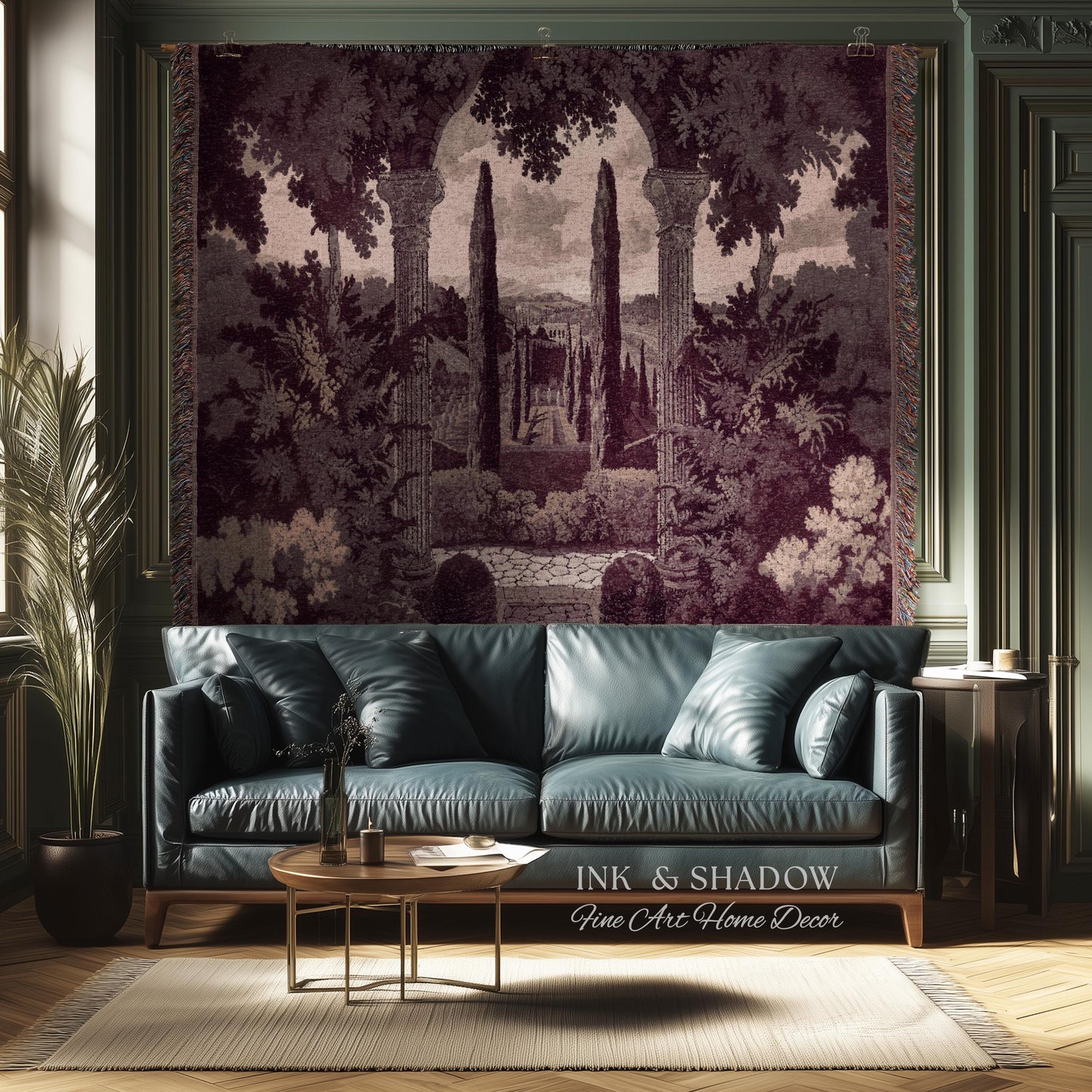 Cypress Garden Terrace Tapestry Wall Hanging | Woven Jacquard Neoclassical Italian Scenery Botanical European Estate Landscape Verdure Art