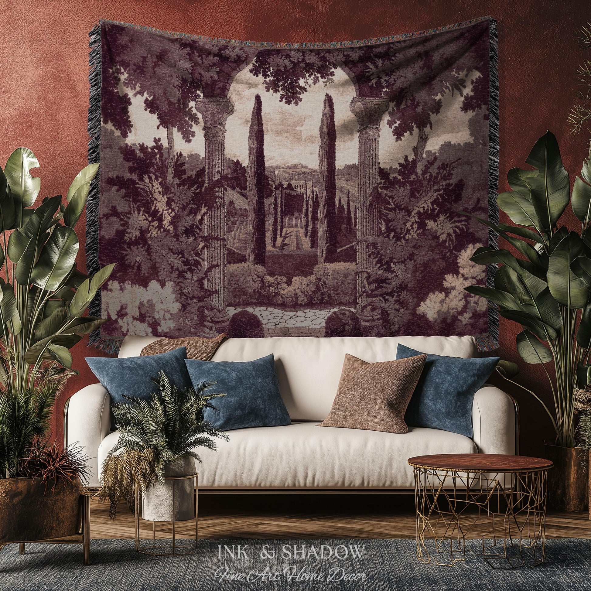 Cypress Garden Terrace Tapestry Wall Hanging | Woven Jacquard Neoclassical Italian Scenery Botanical European Estate Landscape Verdure Art