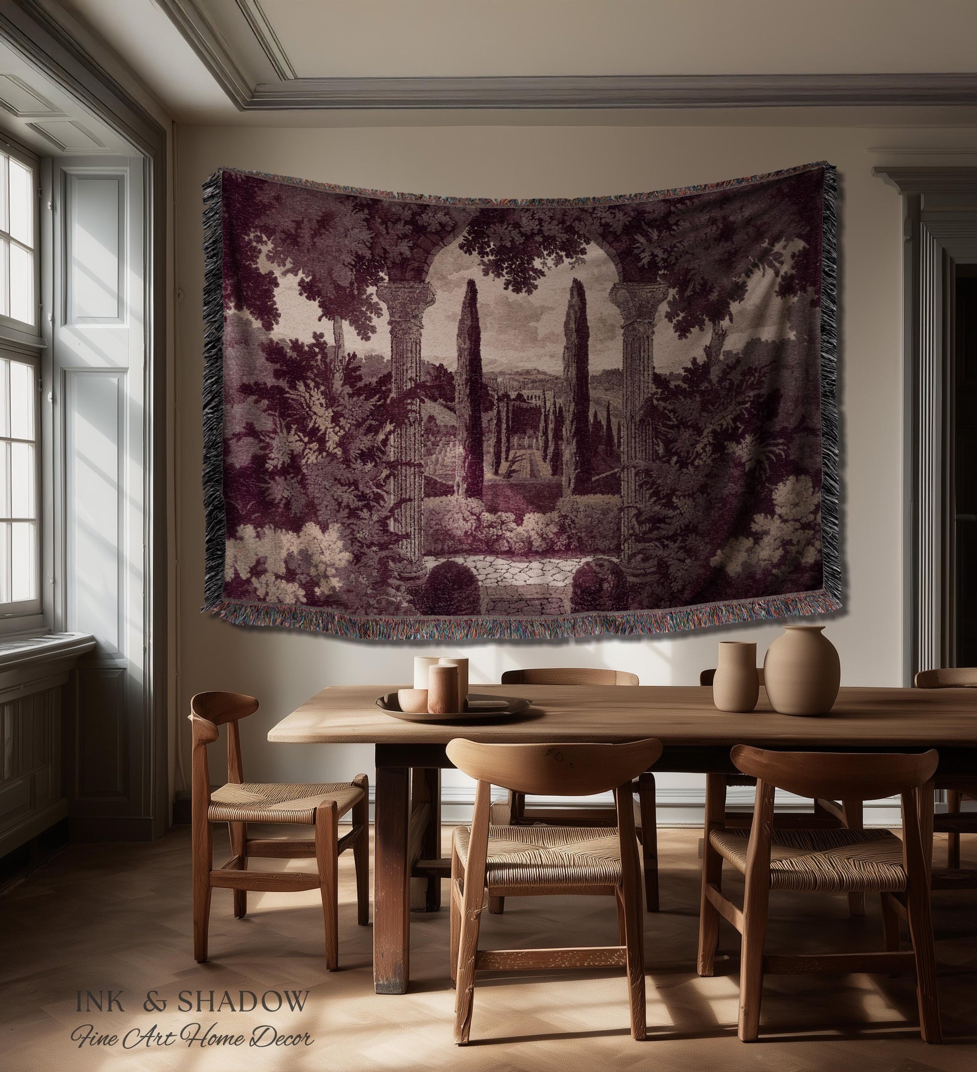 Cypress Garden Terrace Tapestry Wall Hanging | Woven Jacquard Neoclassical Italian Scenery Botanical European Estate Landscape Verdure Art