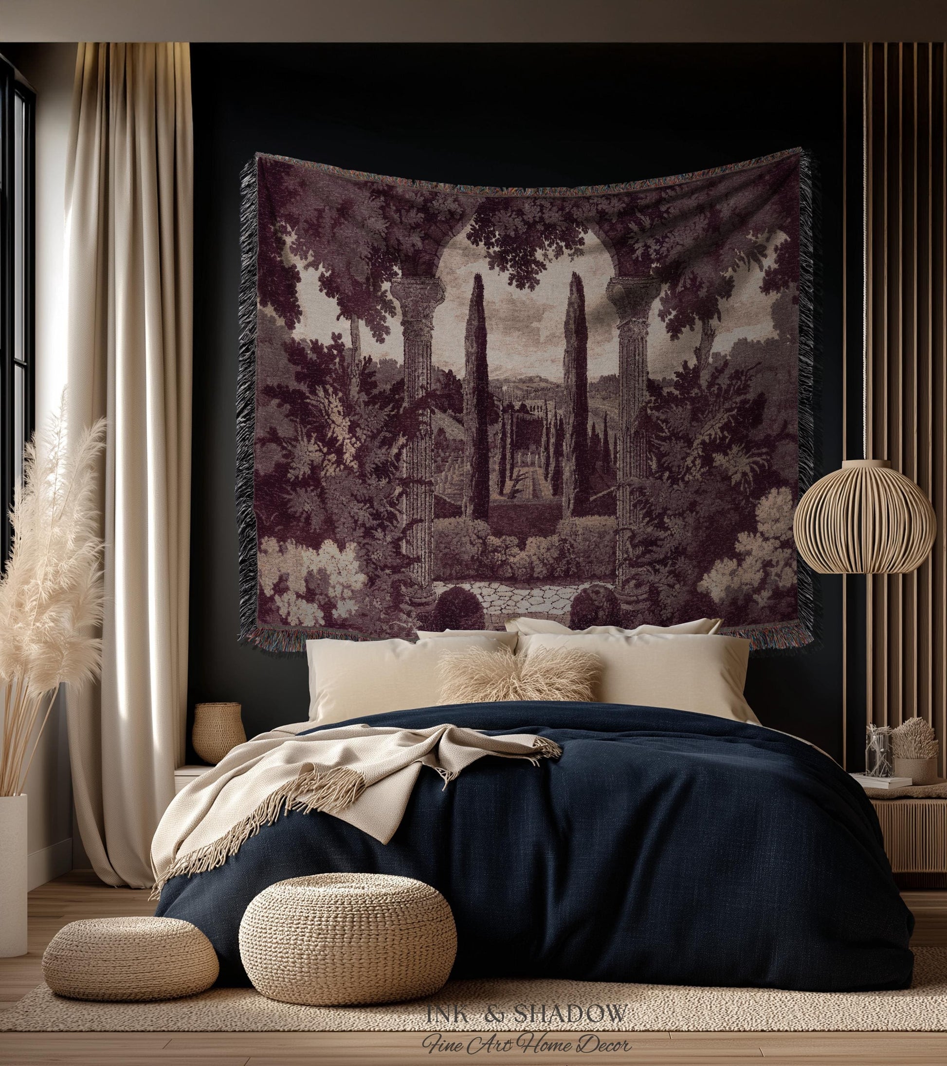 Cypress Garden Terrace Tapestry Wall Hanging | Woven Jacquard Neoclassical Italian Scenery Botanical European Estate Landscape Verdure Art
