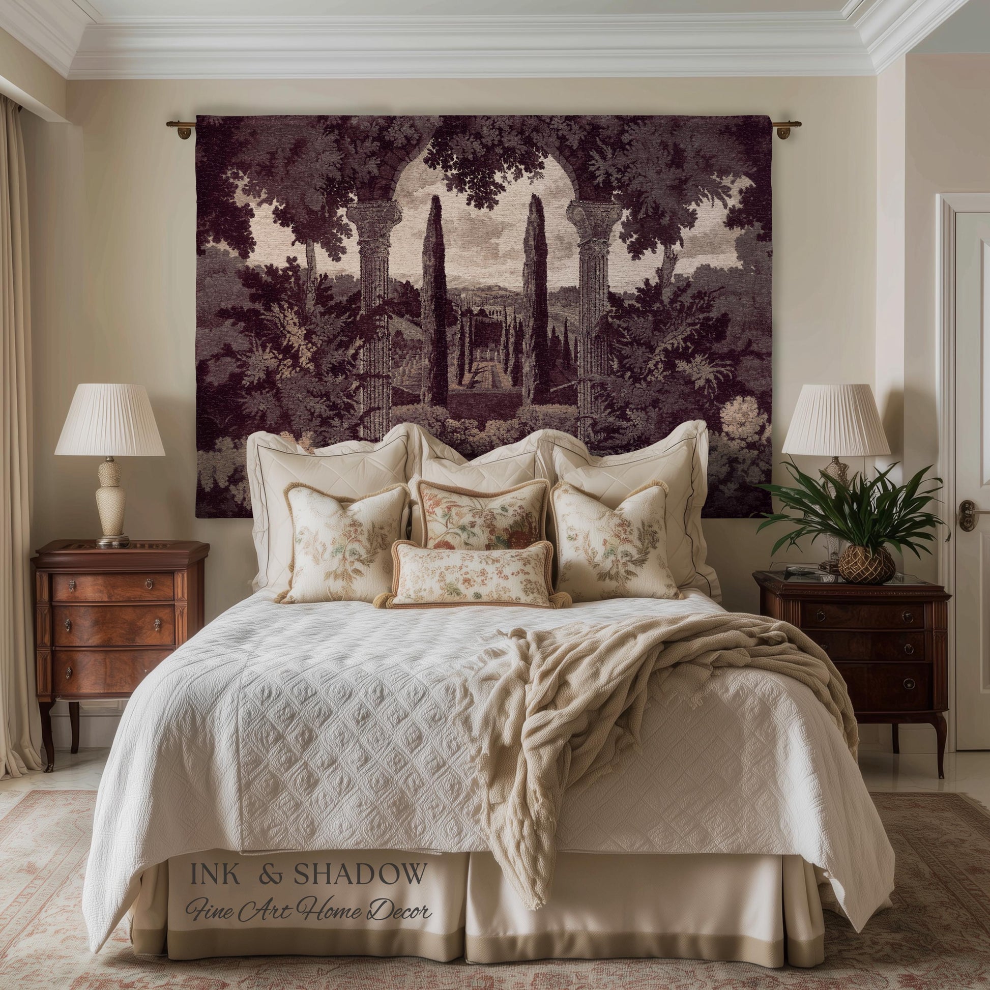 Cypress Garden Terrace Tapestry Wall Hanging | Woven Jacquard Neoclassical Italian Scenery Botanical European Estate Landscape Verdure Art