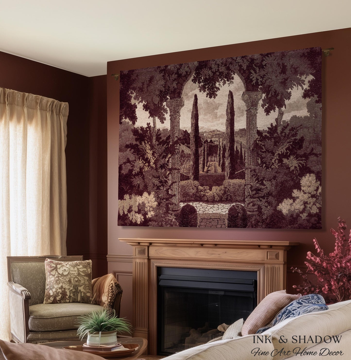 Cypress Garden Terrace Tapestry Wall Hanging | Woven Jacquard Neoclassical Italian Scenery Botanical European Estate Landscape Verdure Art