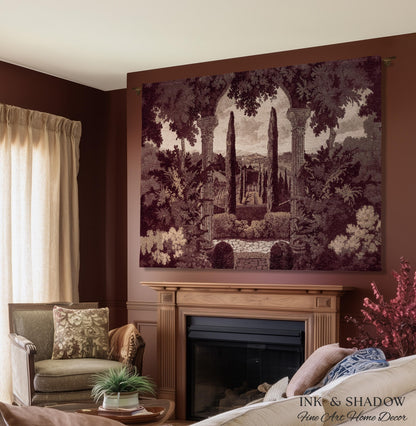 Cypress Garden Terrace Tapestry Wall Hanging | Woven Jacquard Neoclassical Italian Scenery Botanical European Estate Landscape Verdure Art
