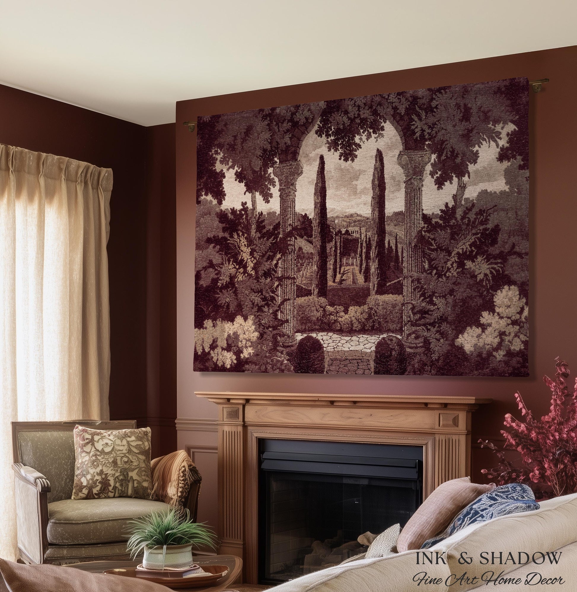 Cypress Garden Terrace Tapestry Wall Hanging | Woven Jacquard Neoclassical Italian Scenery Botanical European Estate Landscape Verdure Art