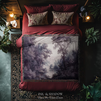 Purple Pastoral Landscape Woven Wall Tapestry | 19th Century Atmospheric Scene Timeless Romantic Classic Countryside Elegant Forest Blanket