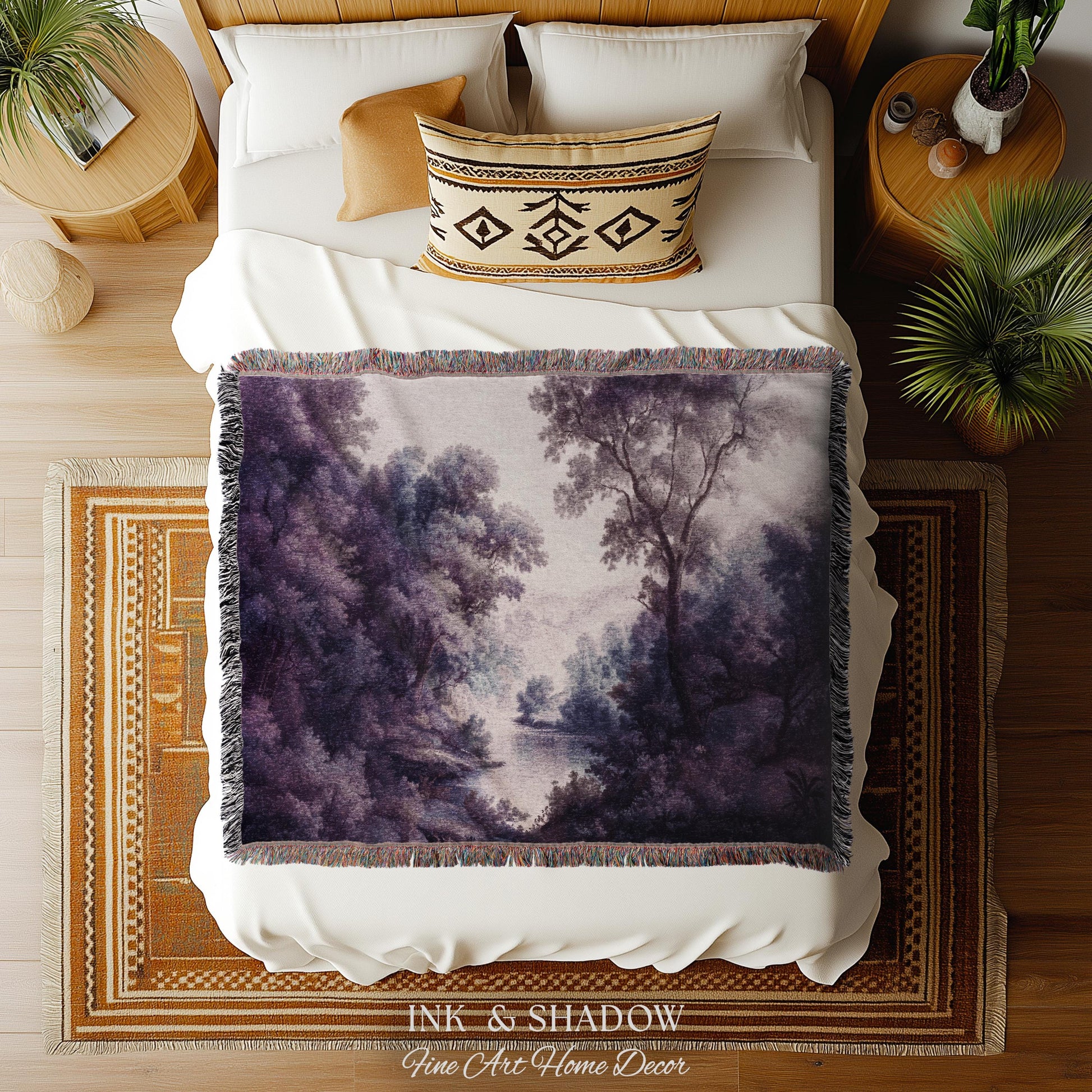 Purple Pastoral Landscape Woven Wall Tapestry | 19th Century Atmospheric Scene Timeless Romantic Classic Countryside Elegant Forest Blanket