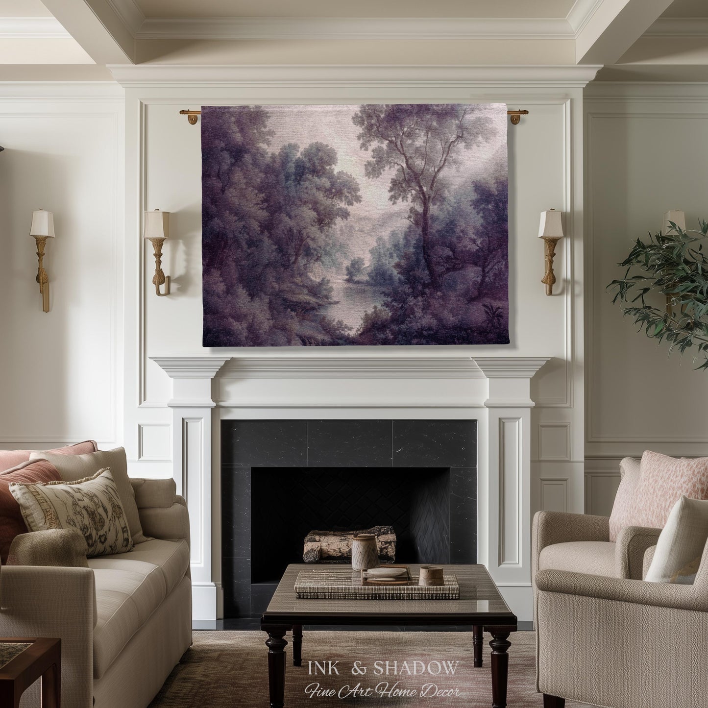 Purple Pastoral Landscape Woven Wall Tapestry | 19th Century Atmospheric Scene Timeless Romantic Classic Countryside Elegant Forest Blanket