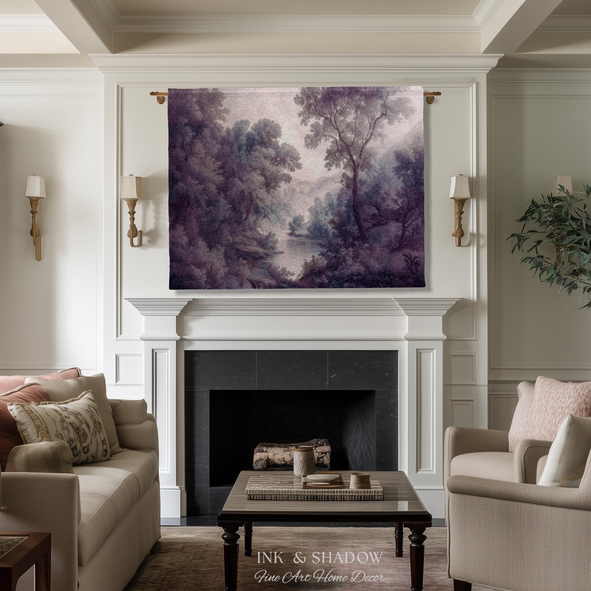 Purple Pastoral Landscape Woven Wall Tapestry | 19th Century Atmospheric Scene Timeless Romantic Classic Countryside Elegant Forest Blanket
