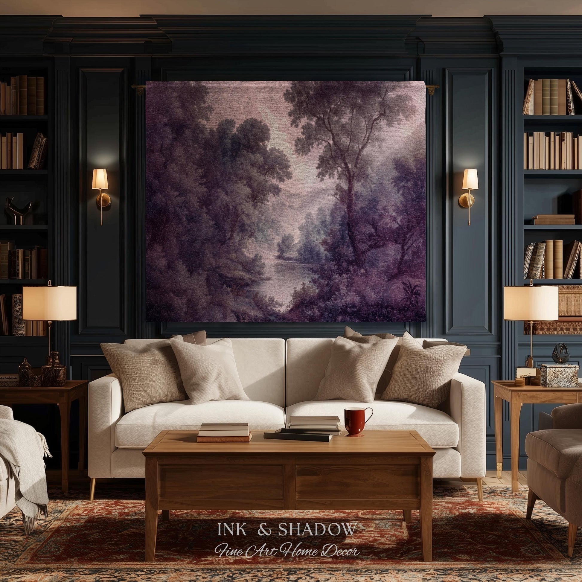 Purple Pastoral Landscape Woven Wall Tapestry | 19th Century Atmospheric Scene Timeless Romantic Classic Countryside Elegant Forest Blanket